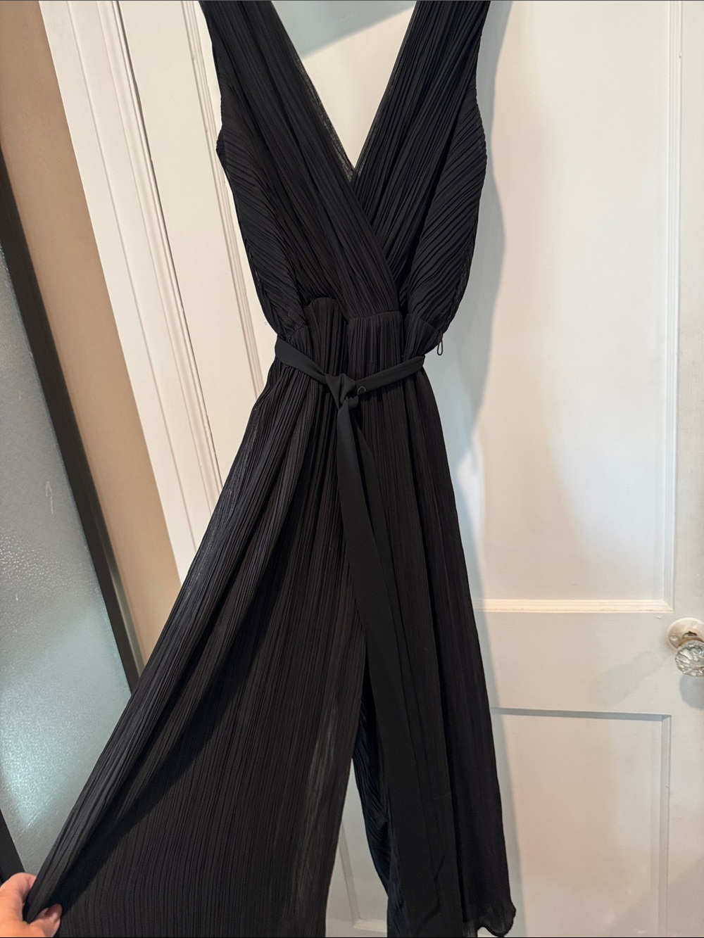 Express Black Pleated V-Neck Jumpsuit with Waist Tie